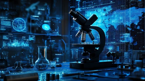 Cybernetic research microscope in holographic blue lab interior