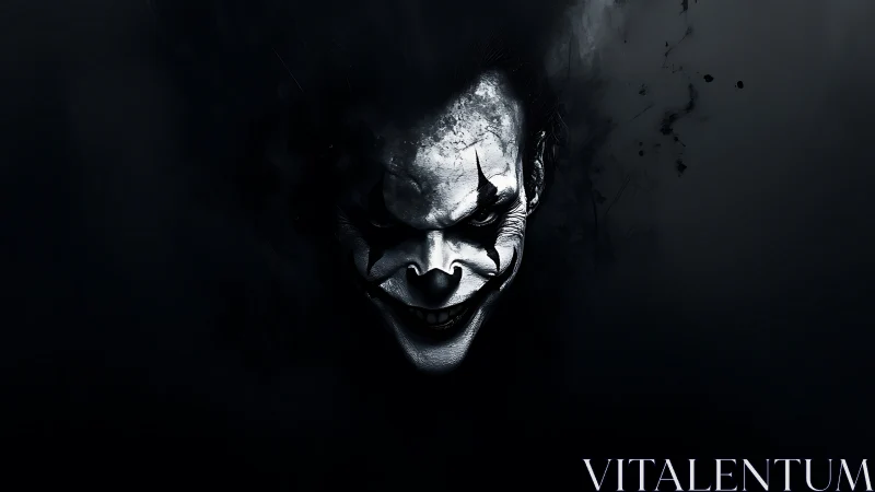 Sinister clown grin emerging from deep swirling shadows.