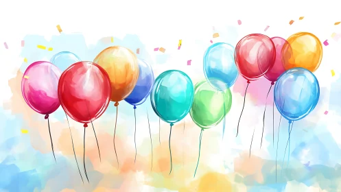 Translucent Balloons Suspended Against Watercolor Cloud Background.
