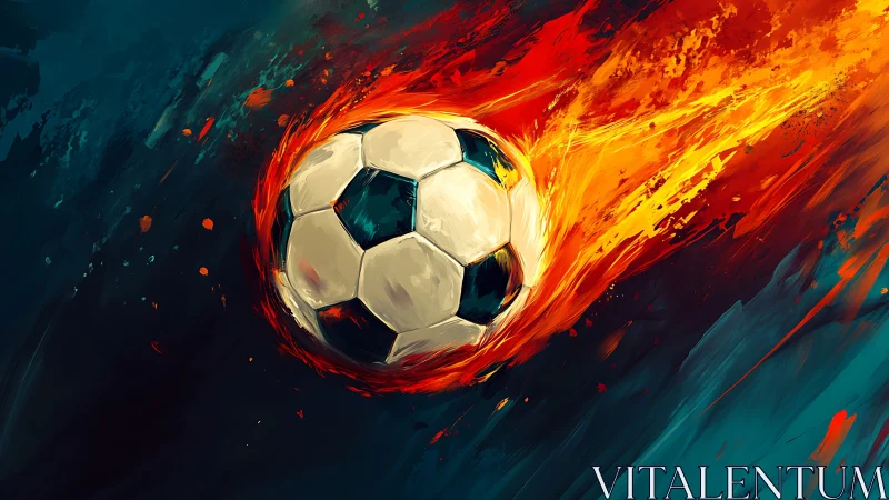 Blazing soccer ball streaking through abstract teal inferno.