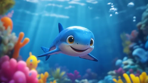 Stylized 3D baby shark swims through lit coral reef environment