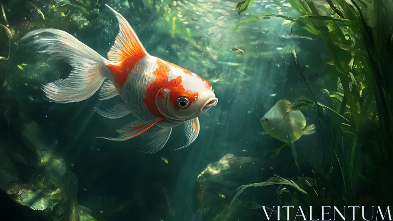 Koi fish drifts through sunlit underwater garden scene.