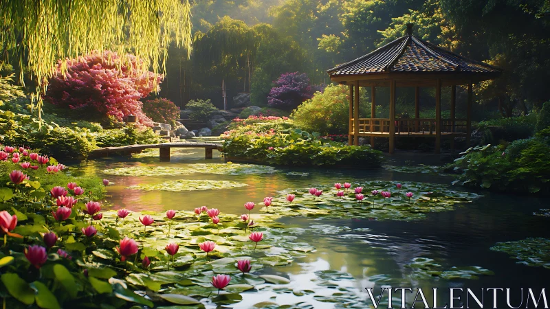 Sunlit garden pavilion rests beside a lily filled pond