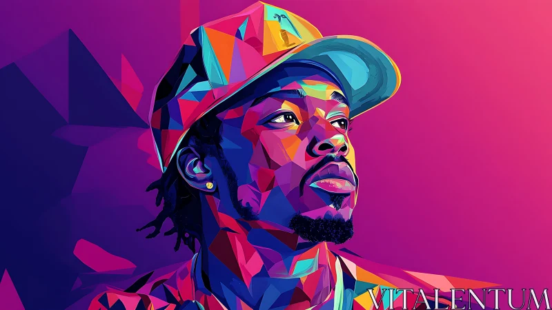 Geometric portrait of man in cap glows with neon gradients