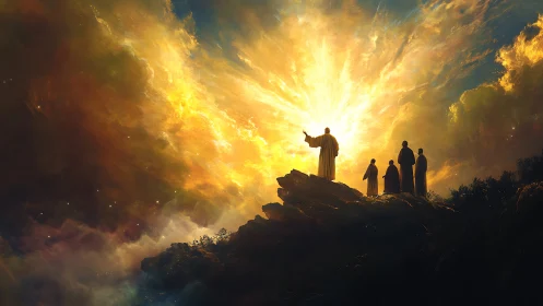 Prophet figures witness radiant celestial eruption over ridge