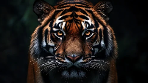 Tiger portrait captures piercing gaze in dramatic contrast.