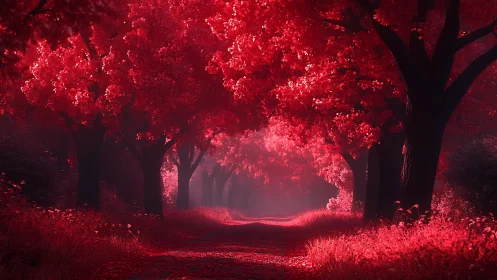 Crimson trees quietly braid a glowing path into soft mist