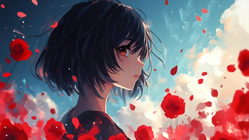 Girl with red eyes stands in a storm of roses and sky.