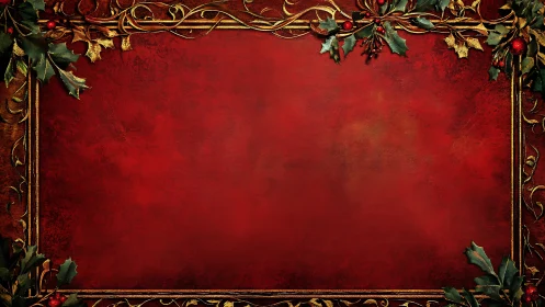 Red textured background with gold frame and holly border.