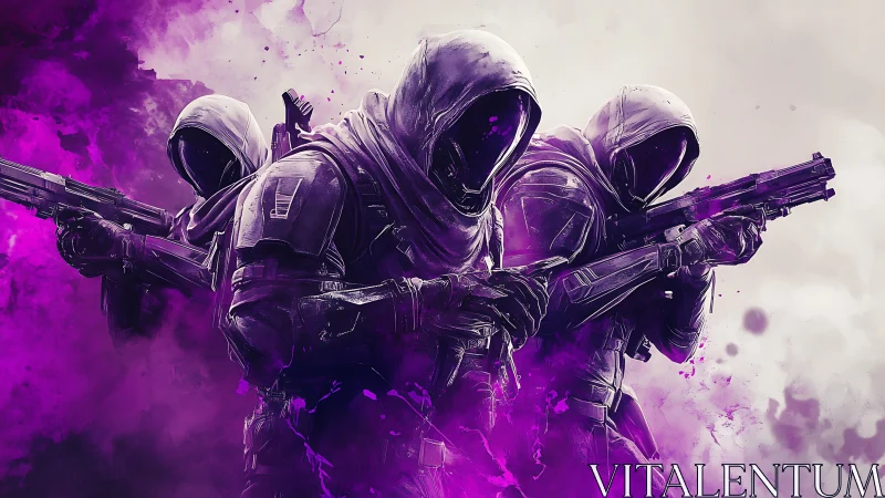 Hooded armored soldiers with rifles in violet smoke field.