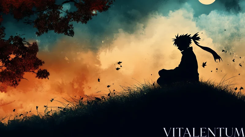 Solitary ninja silhouette under fiery twilight sky.