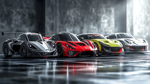 Row of sleek racing supercars in reflective studio light.