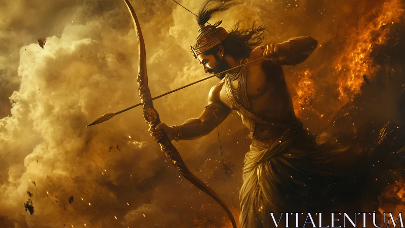 Flaming war god bends a golden bow through storming embers