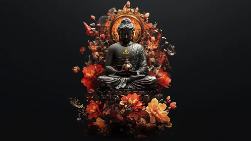 Serene black Buddha amid radiant orange floral energy blooms.