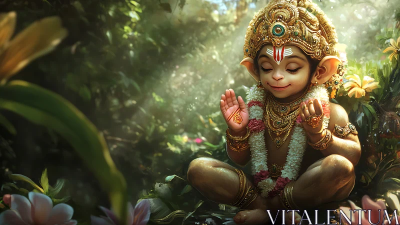 Divine child monkey deity in jeweled crown amid floral light.