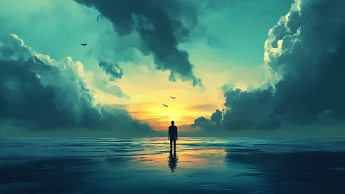 Solitary human figure on reflective sea under dense clouds.