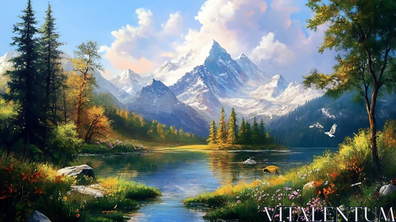 Snowy mountain lake with forest shoreline and bright sky.