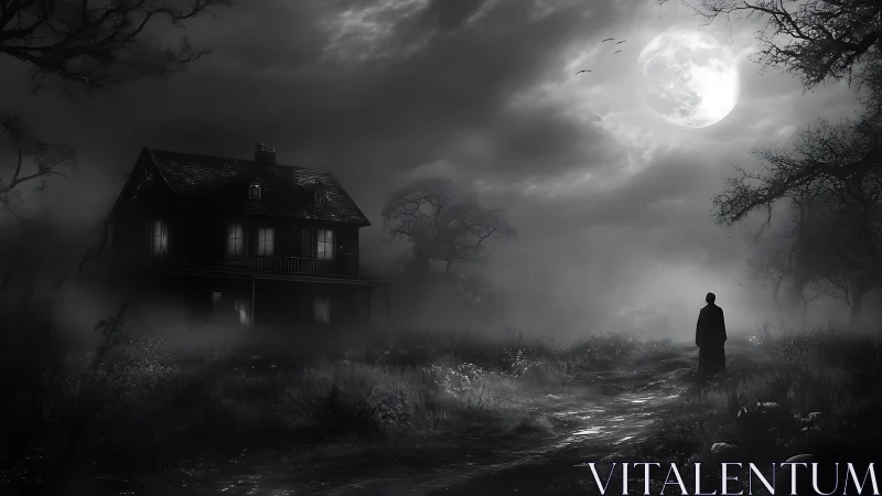 Moonlit rural house with lone figure on misty path at night.