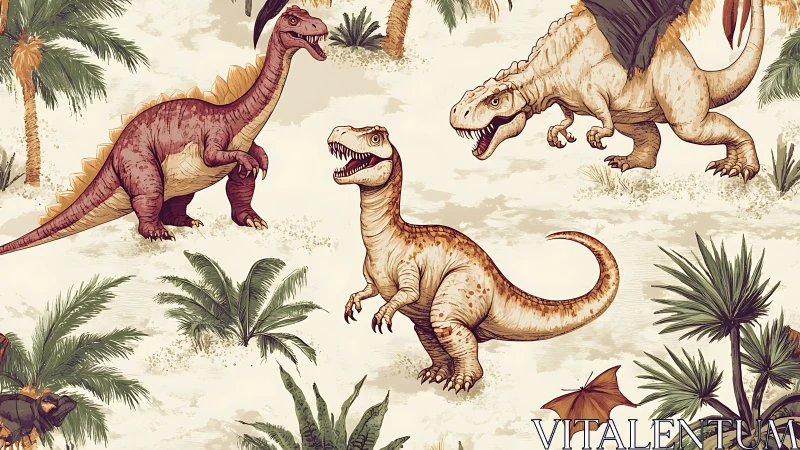 Dinosaurs roam lush prehistoric jungle in detailed pattern.