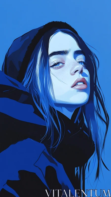 Stylized blue portrait of hooded person in side view.