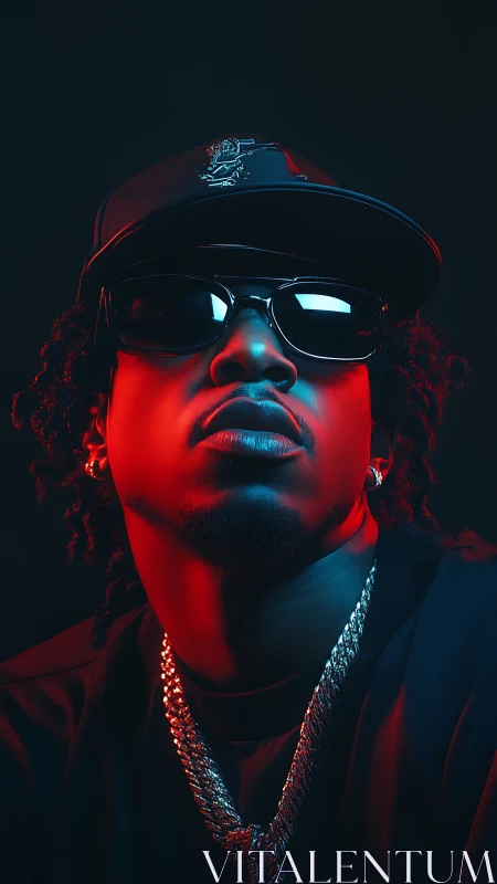 Moody hip hop portrait glowing in bold red and blue light.