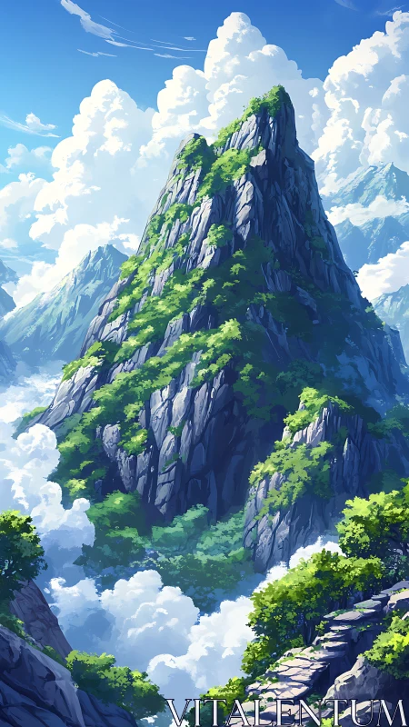 Sunlit granite spire above cloud-sea with terraced path