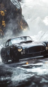 Classic black sports car embracing a wild rainy mountain road.
