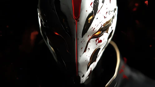 Bloodstained cybernetic mask glows with molten eyes.