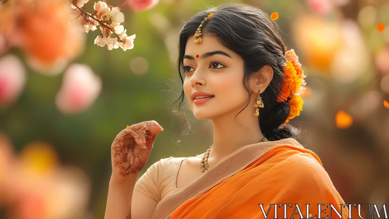 Portrait of woman in orange saree with floral adornments.