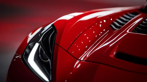 Red supercar hood closeup with LED headlight detail.