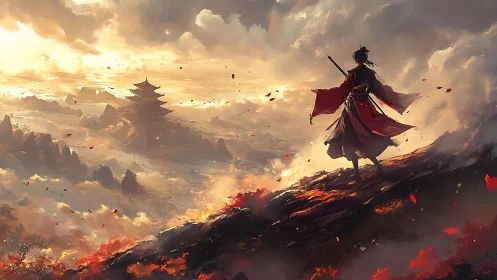 Lone warrior gazes toward a misty temple at burning dawn