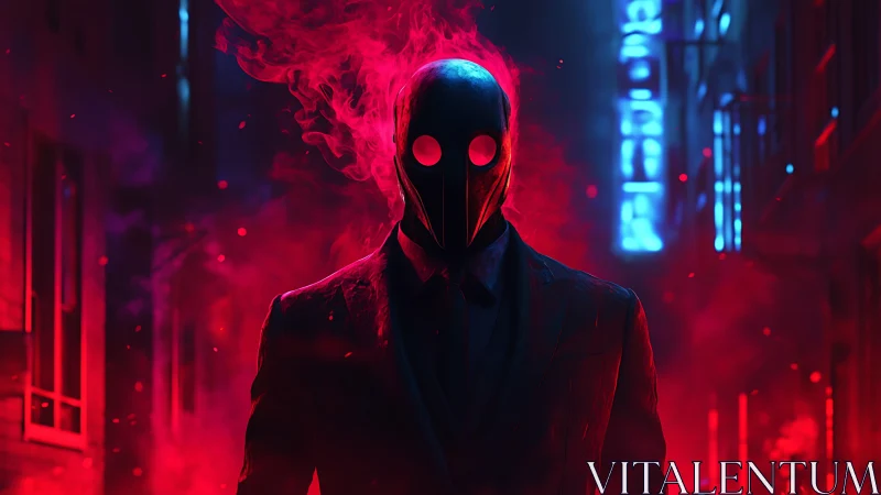 Masked specter in red neon alley with burning smoke aura.