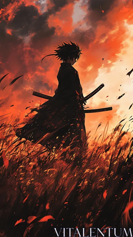 Lone anime swordsman stands in burning dusk field of fire
