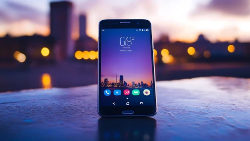 Modern Smartphone Display Showcasing Urban Nightscape Interface.