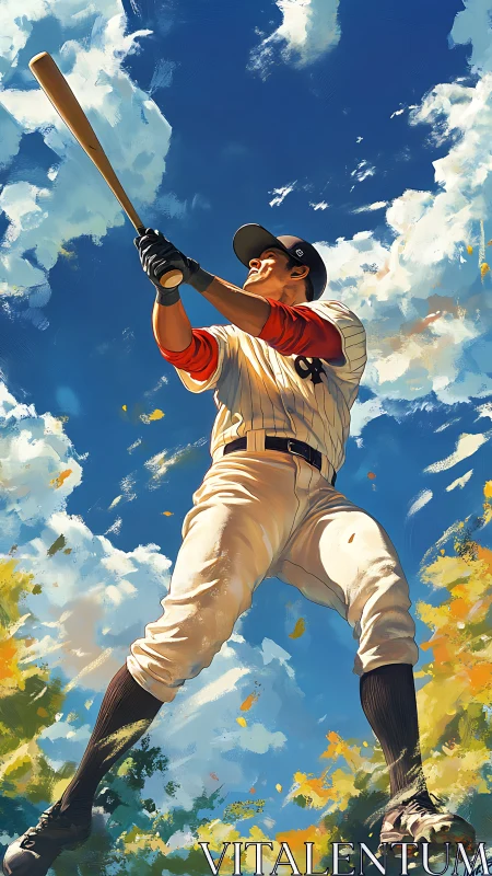 Dynamic low-angle baseball batter under expressive sky painting.