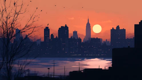 Sunset colors wash dense city skyline over reflective river