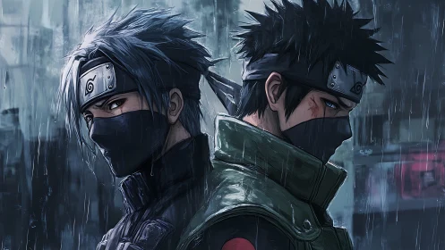 Dual masked shinobi in rain rendered with dramatic anime lighting