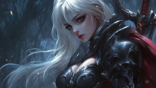 Silver haired warrior in gothic black plate armor, misty forest
