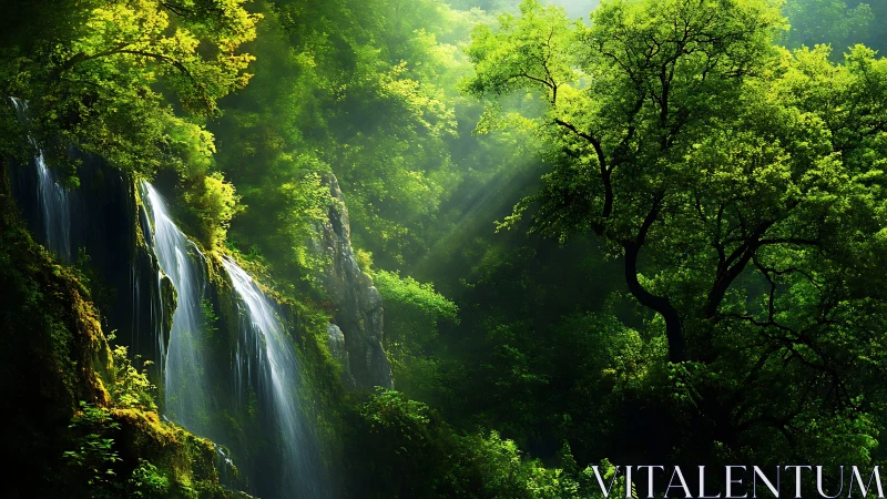 Waterfall cascades through dense green forest with diffused sunlight filtering through canopy.