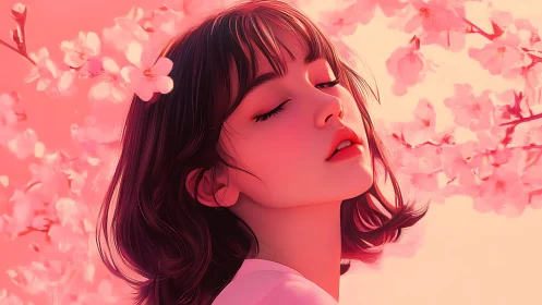 Blossom-drifted daydream girl in soft sakura sunlight.