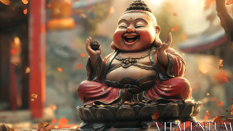 Laughing Buddha statue sits glowing amid autumn courtyard
