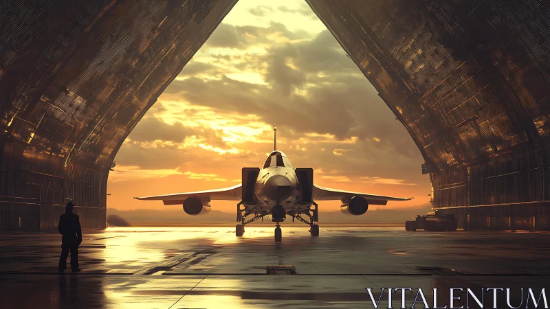 Jet bomber waits in vast hangar under molten sunrise sky.