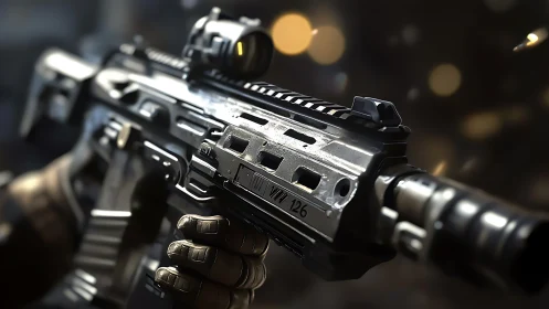 Modern tactical rifle close-up with optical sight in use.