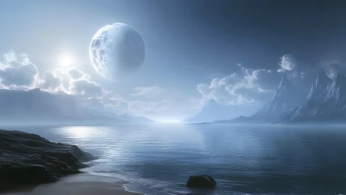 Lunar-illuminated exoplanet seascape with glacial ridges.