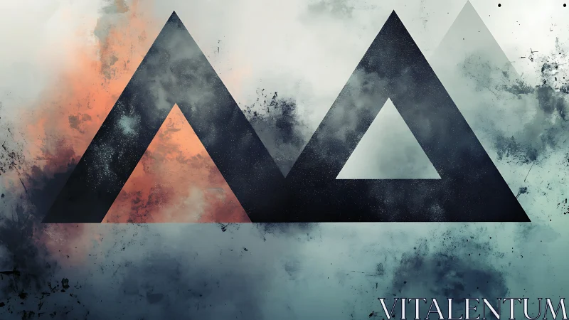 Geometric triangles set against textured abstract clouds.