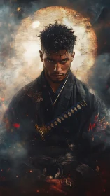 Samurai figure stands before circular backlight in smoke