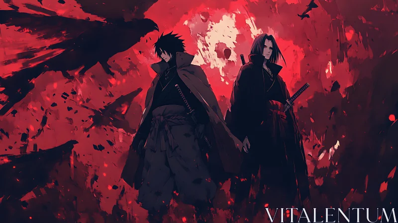 Anime samurai brothers in crimson crow storm composition.