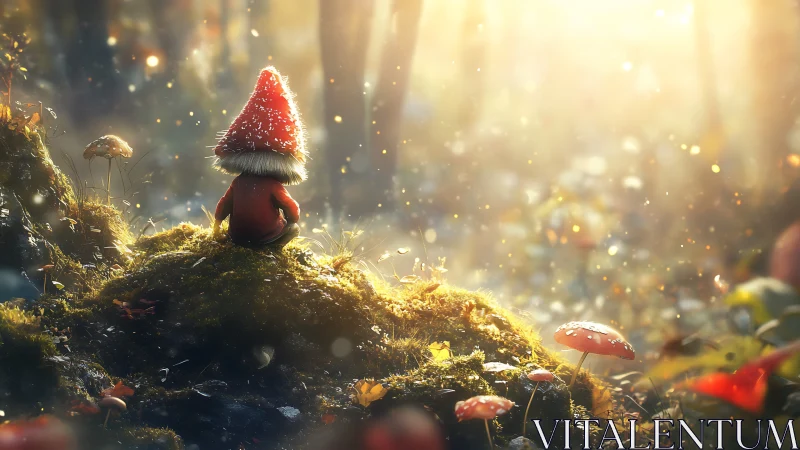 Forest gnome on mossy hill under glowing sunrise mist.