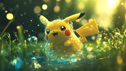 Pikachu splashes joyfully in glowing forest water scene.