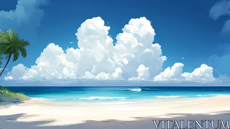 Tropical Beach Seascape with Cumulus Clouds